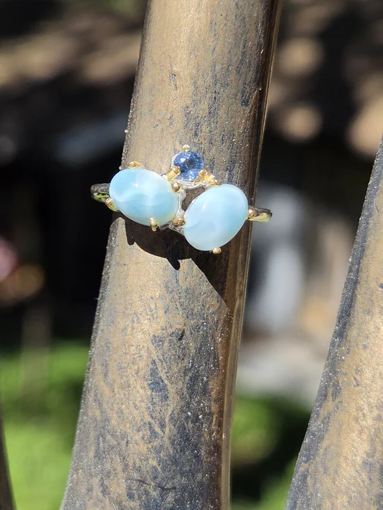 Larimar & Sapphire Sterling & Gold Ring Sz6 - Picture 3 of 8